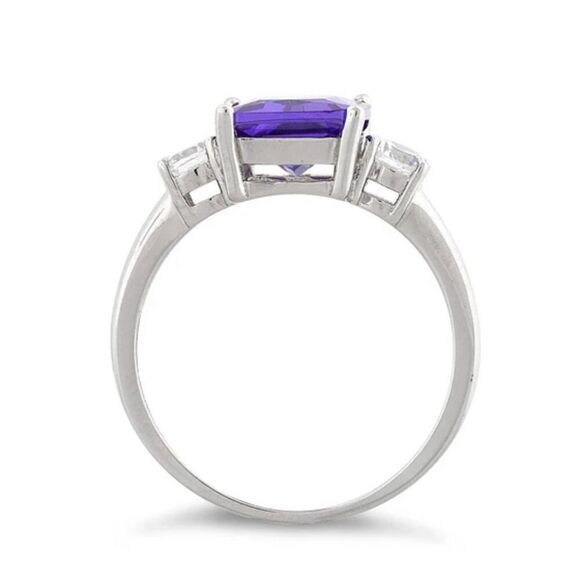 Sterling Silver Rectangular Purple Amethyst Triple CZ Ring New - Picture 5 of 6